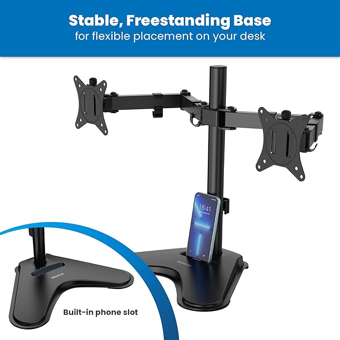 Mount-It! Dual Monitor Stand for Desk, Free Standing Monitor Mount for 2 Screens up to 32”, Height Adjustable with Tilt, Swivel & Rotation, VESA 75x75 & 100x100