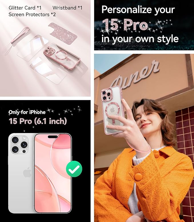 Meifigno for iPhone 15 Pro Case 6.1", [Glitter Card & Wrist Strap] [Compatible with MagSafe] [2X Screen Protectors] Surround Raised Camera Lens Protection for 15 Pro Case, Rose Gold