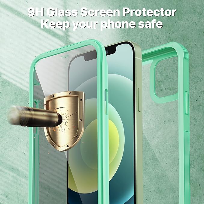 CENHUFO Privacy for iPhone 12 Case/iPhone 12 Pro Case, Full Body Phone Case with Built-in 9H Tempered Glass Privacy Screen Protector and Camera Lens Protector, Shockproof Bumper Clear Cover -Green