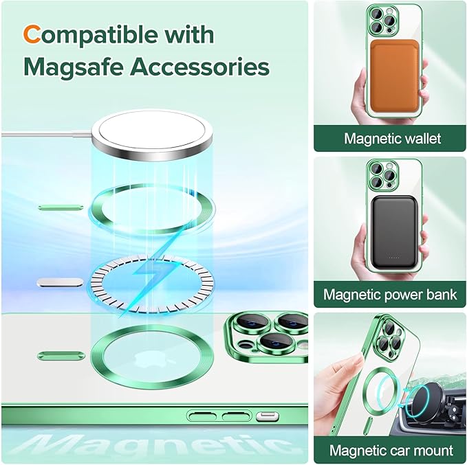 Hython Magnetic Clear for iPhone 13 Pro Max Case with Camera Lens Protector [Compatible with MagSafe] Plating Edge Slim Soft TPU Cover Protective Phone Case for iPhone 13 Pro Max 6.7", Light Green
