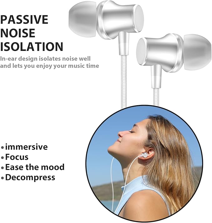 Wired Earbuds for School Chromebook Laptop PC, Noise Isolating Ear Buds with 3.5mm Plug in Audio Jack Microphone HiFi Stereo Wired Headphone Corded Earphone for Kindle Fire School Travel MP3, Silver