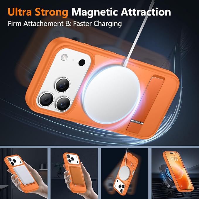 SPIDERCASE Magnetic for iPhone 17 Pro Max Case,with [3 Stand Ways] [Military Grade Drop Protection] with Invisible Stand Shockproof Slim Case for iPhone 17 Pro Max 6.9",Orange