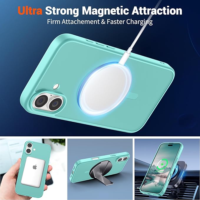 SUPFINE Magnetic for iPhone 16 Plus Case (Compatible with MagSafe) (Military Grade Drop Protection) Translucent Matte Shockproof with Anti-Fingerprint Phone Case, Blue Green