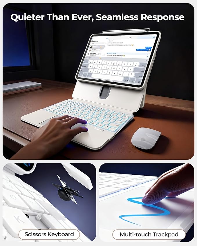 Keyboard Case for iPad A16 11th Gen 11" 2025/ 10th Gen 10.9" 2022, Clear Detachable Magnetic 360 Rotatable & Liftable Cover, 7-Color Backlit, Native Gesture Trackpad, 180 Kickstand, White