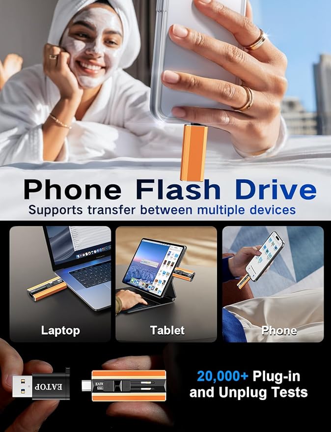 EATOP 256GB Dual Interface Flash Drive, No App Required, Portable USB Storage Memory Stick for iPhone, iPad, Android, PC & Mac – Easily Stores Photos, Videos & Files (Orange)