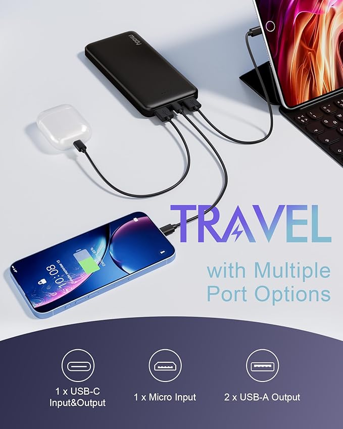 Miady 2-Pack Portable Charger, Slim 10000mAh Power Bank Travel Battery Pack 3 Outputs 2 Inputs Compatible with iPhone 17/16/15/14/13 Galaxy S24/22 iPad Android etc (2 White)