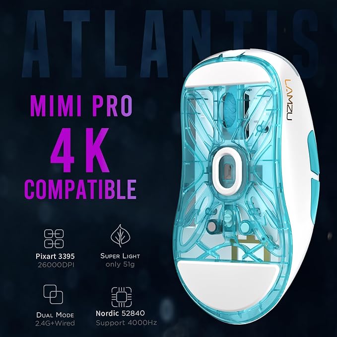 Lamzu Atlantis Mini Pro Wireless Gaming Mouse, Ultra Lightweight 51g, Mechanical Switch,Symmetrical,26000 DPI,MCU Nordic 52840,PAW3395 Sensor, 4K Compatible, for Small Hand Gamer-Polar Whtie
