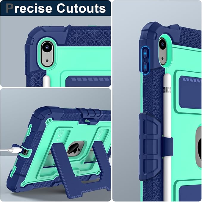 Kids Friendly Case for iPad A16 11th Generation 11 Inch 2025 / iPad 10th Generation 10.9" 2022 Case with Pencil Holder & Shoulder Strap, Hybrid iPad 11 10 Cover Rugged Shockproof Kickstand,Blue+Mint