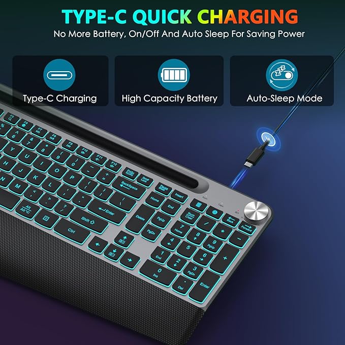 GAMCATZ Ergonomic Backlit Wireless Keyboard with Wrist Rest-Low-Profile,Phone/Tablet Holder,Rechargeable with Light Up Keyboard,Cordless Quiet Computer Keyboard for Desktop,Laptop, PC, Mac-Grey