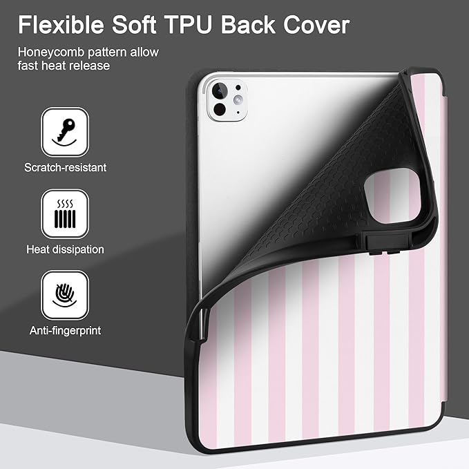DONGKE Case for iPad Pro 11 inch (M5 2025 / M4 2024, 6th & 5th Generation) – [Built-in Pencil Holder] Ultra Slim PU Leather Trifold Stand Cover with Soft TPU Back, Auto Wake/Sleep, Pink Stripes