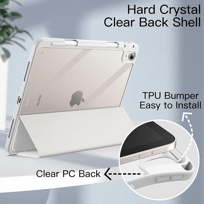 JETech Case ONLY for iPad Air 11-Inch M4/M3/M2 (2026/2025/2024), iPad Air 5/4 (2022/2020 5th/4th) with Pencil Holder, Clear Transparent Back Slim Stand Shockproof Tablet Cover (White)