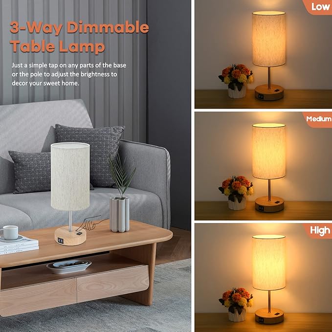 Table Lamps Set of 2 Touch Control, 2 USB Charging Ports&AC Outlet, 3-Way Dimmable Bedside Nightstand Lamp with Flaxen Fabric Shade and Wooden Base for Bedroom, 2-Pack A19 LED Bulbs Included