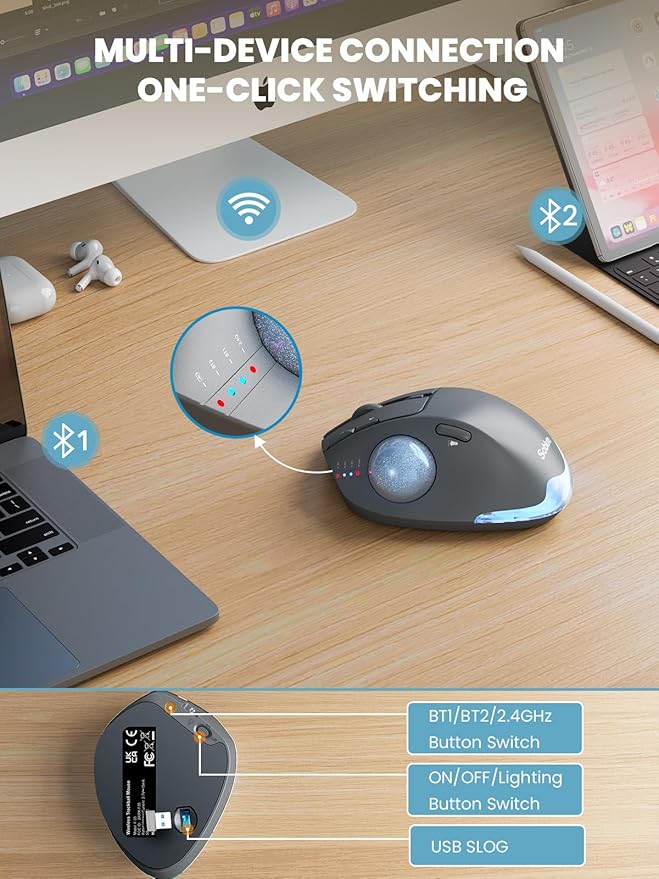 MAM1 Pro Wireless Trackball Mouse, Ergonomic Bluetooth Rechargeable Computer Mouse, Backlit Rollerball Thumb mice with 5 Level DPI, Adjustable Angle, 3 Devices Connection for PC, Windows - Gray Mouse