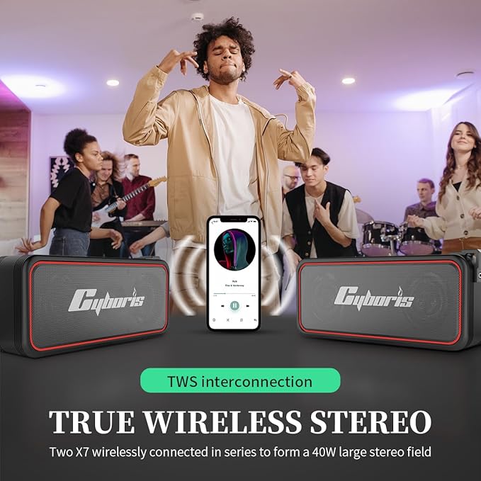 CYBORIS Portable Bluetooth Speaker, Wireless Speakers with 20W HD Sound, IPX7 Waterproof, Bluetooth V5.3, Dual Stereo Pairing, 30H Playtime for Home, Outdoor, Travel, Party, Beach