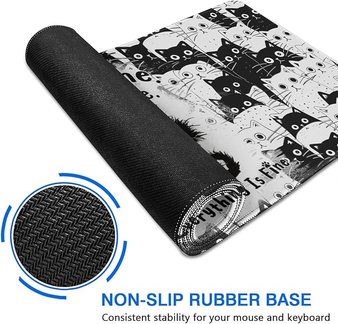 Funny Cat Mouse Pad Gaming, Large Mouse Pads for Desk, Extended Mousepad with Non-Slip Rubber Base Stitched Edge, Black Cat Mousepad Keyboard Mat for Desk Gaming Home Office, 31.5" x 11.8"