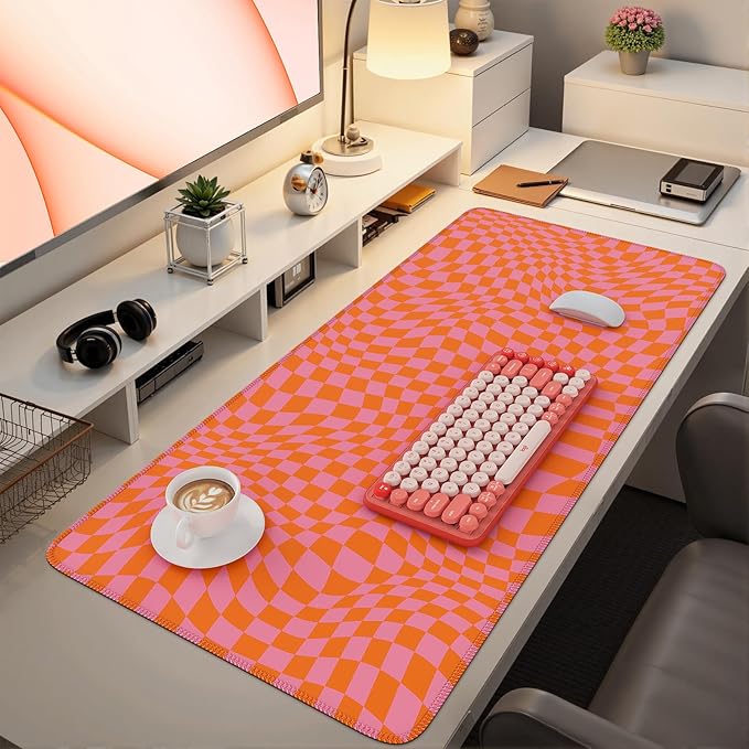 iCasso XXL Large Mouse Pad for Desk, Anti-Slip Big Mousepad with Stitched Edges, Keyboard Pad Mouse Mat for Computer (Orange Checkered)