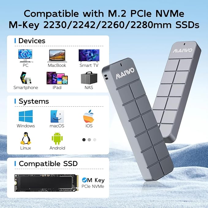 MAIWO M.2 NVMe SSD Enclosure USB3.2 GEN2 10Gbps, 8TB Capacity 2-in-1 Type-C Cable, USB C to M-Key PCIE NVME SSD Adapter Reader Case Aluminum