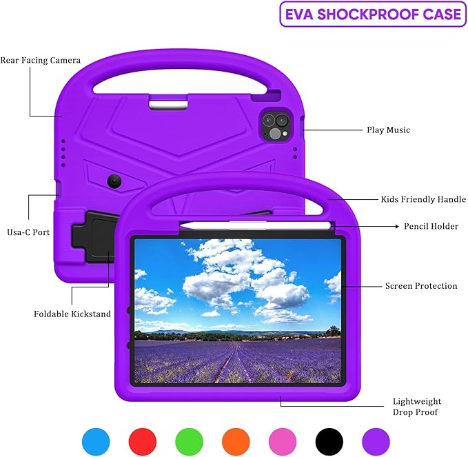 Kids Case for Apple iPad Air 11-inch M3 (2025) /M2 (2024) with Pencil Holder/Handle/Kickstand Lightweight Soft EVA Foam Shockproof Stand Tablet Cover for iPad Air 11" M3/M2, Purple Bird