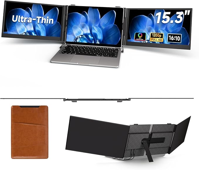15.3" Laptop Screen Extender, 1200P FHD Ultra-Thin Triple Screen Laptop Monitor Extender, 100% sRGB Travel Portable Monitor for Laptops, Multi Screens Laptops Attachment Compatible with Windows Mac
