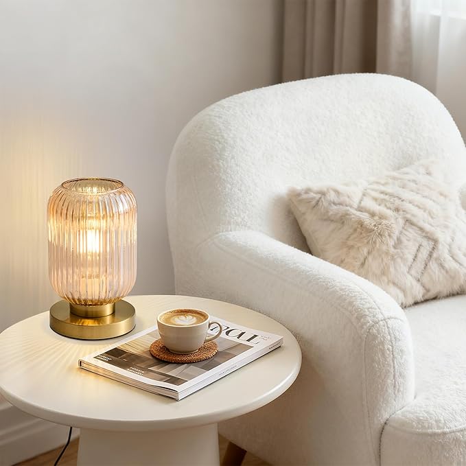 Mid Century Modern Table Lamp: Vintage Amber Ribbed Glass Globe Dimmable Plug in Small Bedside Lamps - Cute Brass Gold Side Table Lamp Nightstand Light for Bedroom Entryway Office Desk Living Room