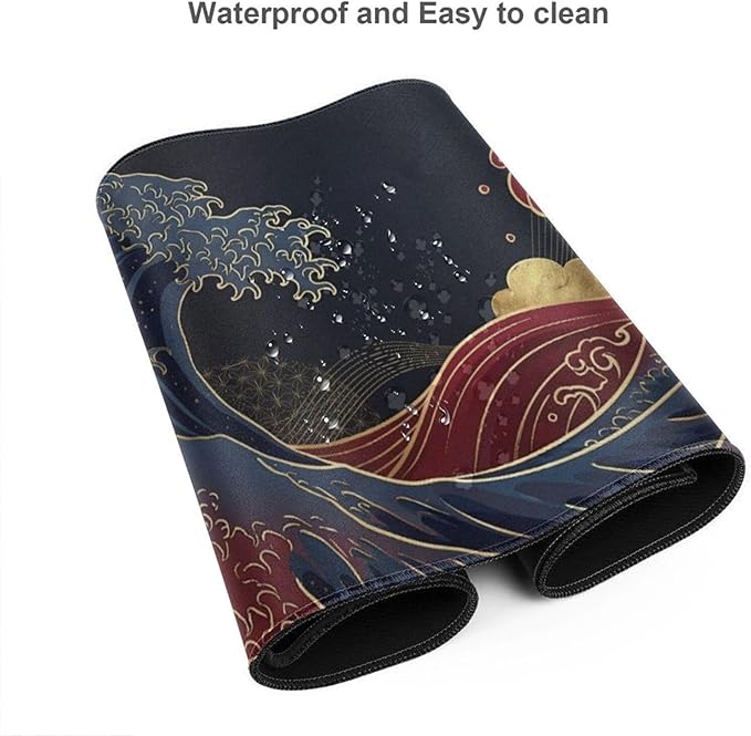 AQQA Japanese Great Wave Mouse Pad XL - Extended Gaming Desk Mat (31.5 x 15.7 in), Black and Gold Ukiyo-e Art Mousepad with Anti-Slip Rubber Base, Waterproof Keyboard Mat for Office, Home & Esports