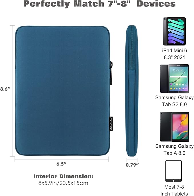 MoKo 7-8 Inch Tablet Sleeve Bag, Polyester Pouch Cover Case Fits iPad mini (A17 Pro) 8.3" 2024, iPad mini 6/5/4/3/2/1, Samsung Galaxy Tab S2 8.0, Tab A 8.0, ZenPad Z8s 7.9,Peacock Blue