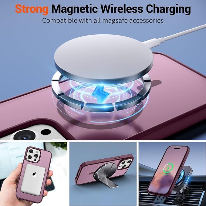 SUPFINE Magnetic for iPhone 15 Pro Max Case (Compatible with MagSafe) (Military Grade Drop Protection) Slim Translucent Matte Shockproof with Anti-Fingerprint Phone Case,Wine Red