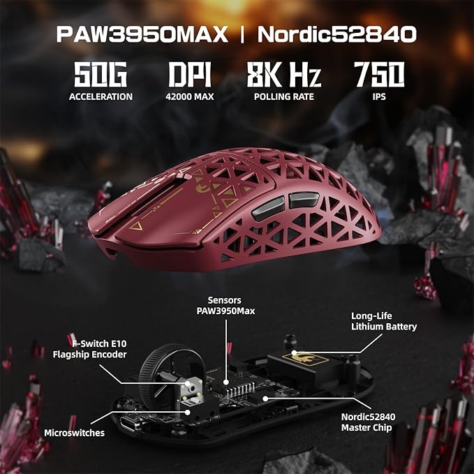 MAMBASNAKE M5 Ultra Carbon Fiber 8KHz Wireless Gaming Mouse,PAW3950MAX Sensor 42K DPI,39g Superlight Tri-Mode 2.4GHz/BT/Wired Computer Mice,Web Driver Support,for Win/Mac/FPS/MOBA/Esports-Red (A)