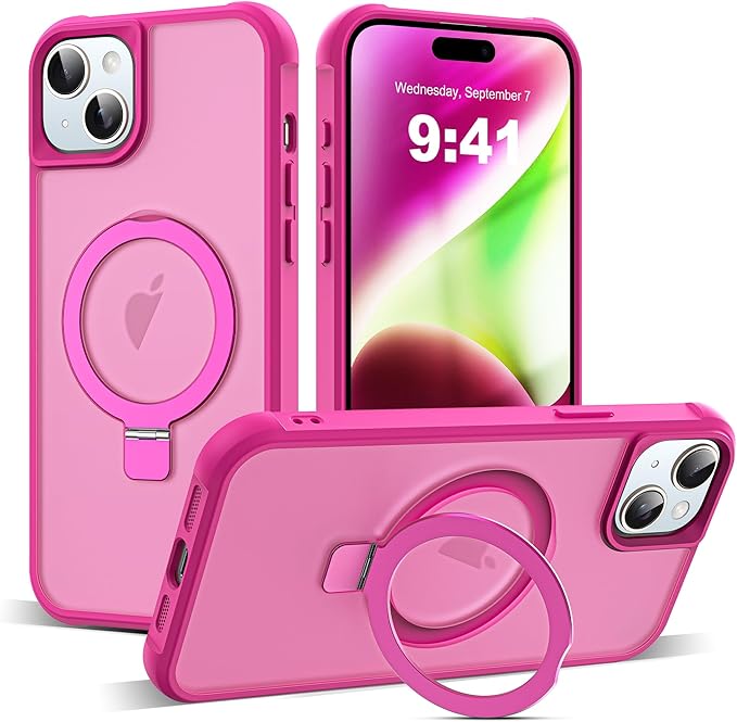 SKYLMW Compatible with iPhone 14 Plus Case with Invisible Magnetic O-Ring Stand Military-Grade Translucent Case for iPhone 14 Plus 6.7" [Compatible with Mag-Safe][Great Grip Feeling], Rose