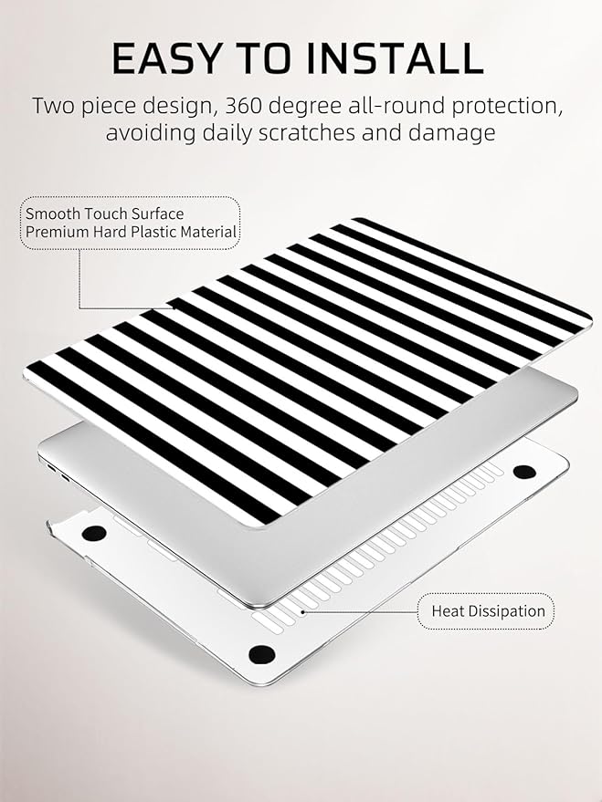 Seorsok Compatible with MacBook Air 13 Inch Case 2022 2021 2020 2019 2018 Release A1932 A2179 M1 A2337 Touch ID,Cute Striped Plastic Hard Shell Case with Keyboard Cover,Black & White Stripes