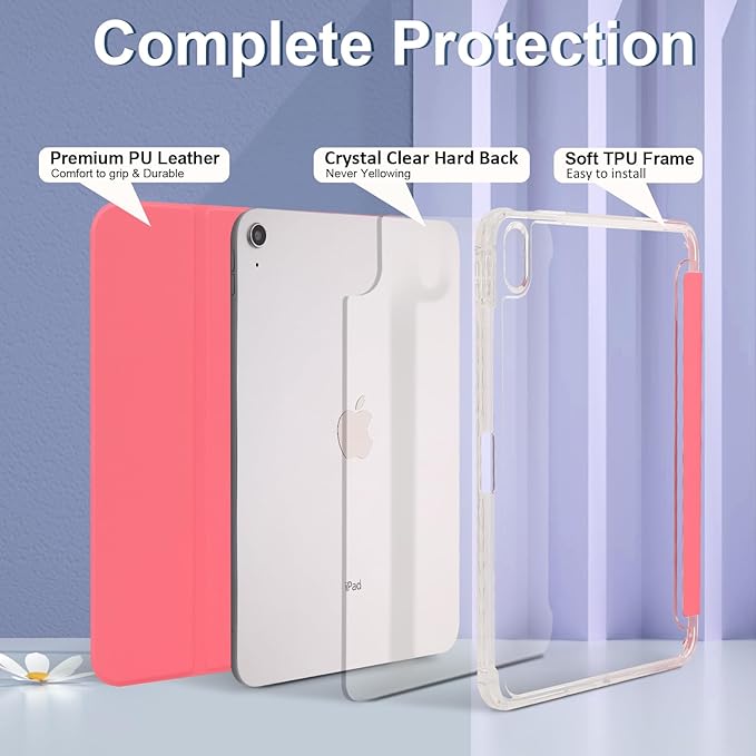 Case for iPad A16 11th Generation 11" 2025, iPad 10th Generation 10.9 Inch 2022, Hybrid Protective Cover with Pencil Holder, Clear Transparent Back Shell Anti-Yellowing Case, Watermelon Red