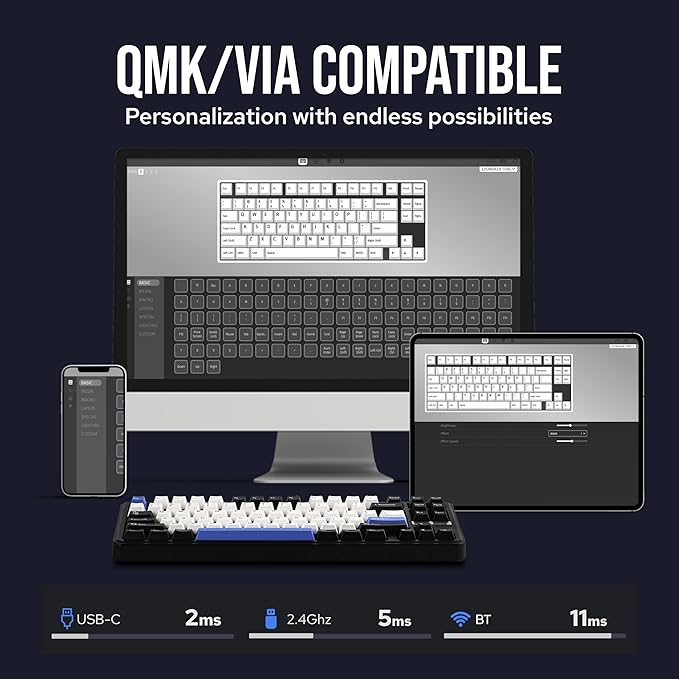 EPOMAKER TH85 QMK/VIA Wireless Gaming Keyboard, BT5.0/2.4GHz/USB-C, Hot Swappable Pre-lubed Custom Creamy Jade Linear Switches, Gasket Creamy Keyboard for PC/Mac/Office/Gaming (Black&White&Blue)