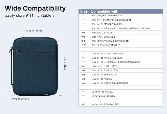 Dadanism 9-11 Inch Tablet Sleeve Padded Carrying Case with Handle, Protective Travel Bag for iPad A16 11" 2025, iPad Air M4/Pro M5 11", iPad 10th Gen 10.9", iPad 10.2", Galaxy Tab A11+ 11", Blue