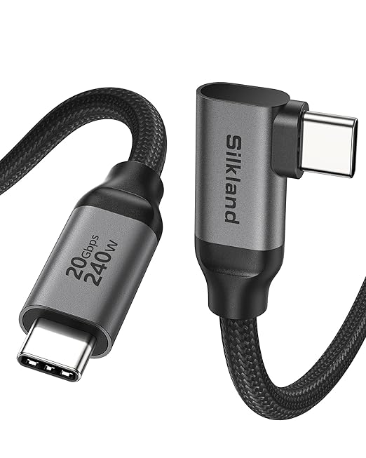 Silkland USB C Monitor Cable Right Angle 10FT, 8K@30Hz 5K/4K@60Hz Display, 20Gbps Data Transfer, 90 Degree USB C 3.2 Gen 2x2 Video Cable, 240W Charging for iPhone 17,MacBook, Portable Monitor, Carplay