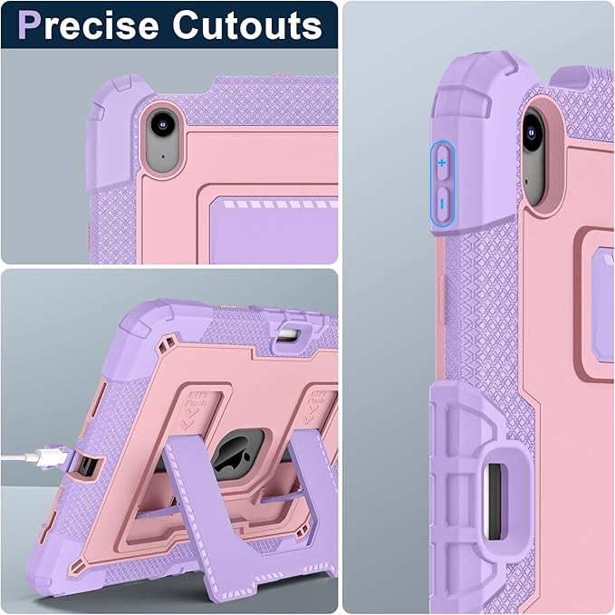 Kids Friendly Case for iPad Air 11 Inch M4 M3 M2 2026/2025/2024 Case with Pencil Holder & Shoulder Strap, Military Grade Shockproof Kickstand Hard Shell Protective Cover,Pink+Purple