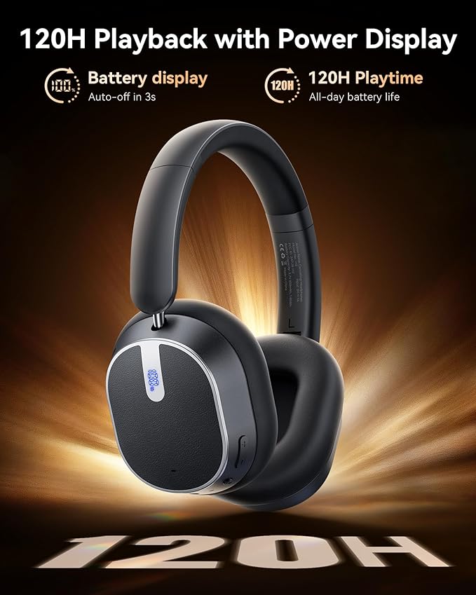 bmani Hybrid Active Noise Cancelling Headphones,120H Playtime Wireless Headphones Bluetooth 6.0 with Power Display, 6-Mic ENC Calls, 360° Spatial Audio Over Ear Headphones Headset for Travel Game