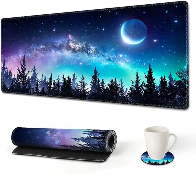 AIMSA Extended Gaming Mouse Pad, XL Large Keyboard Mouse Mat Desk Pad with Stitched Edges, Durable Non-Slip Base Mousepad for Home Office Work, 35x15.7inch, Forest Moon Sky