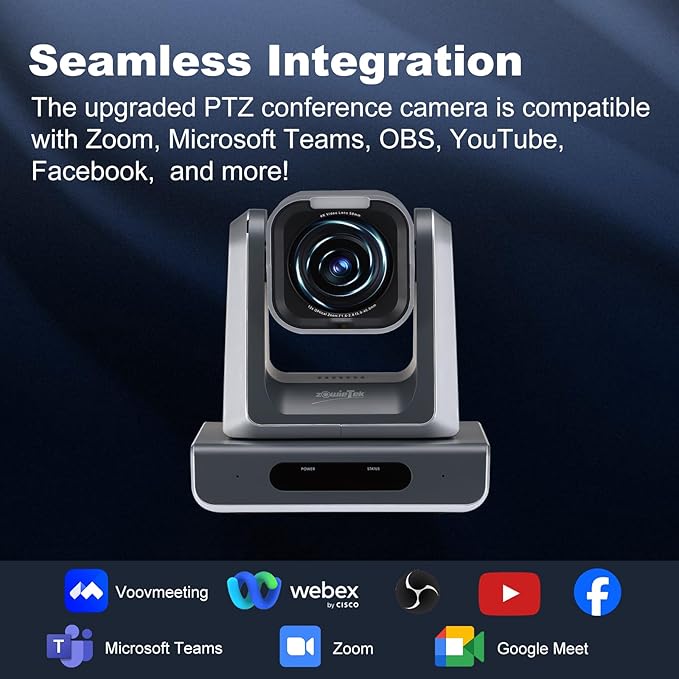 zowietek 4K PTZ Conference Camera, ZowiePTZ, Ergo-Ease Remote Control, ZowieX APP Manager, 18X Optical+12X Digital Zoom, HDMI/USB, RTSP/RTMP(s)/SRT Stream, Meeting, Church, Event, Teaching