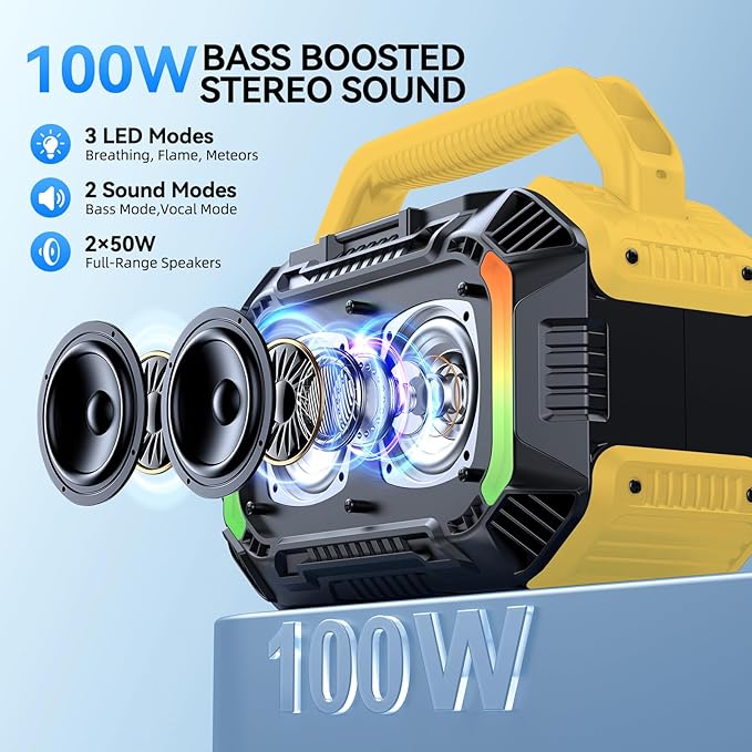 Wilody Speakers Bluetooth Wireless, 100W Loud Outdoor Speaker with Bass, IPX7 Waterproof Floatable, 20H Playtime, Wireless Charge, TWS, RGB Light, Portable Speaker for Work, Garage, Outdoor (Yellow)