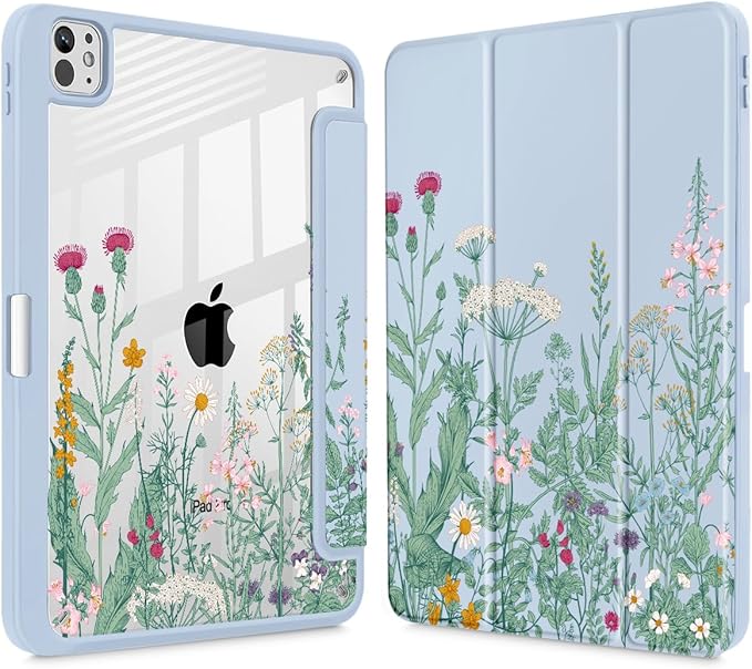 May Chen for iPad Pro 13 Inch Case M5 2025 / M4 2024, Built Pencil Holder & Clear Transparent Print Back Shell Slim Stand Shockproof Tablet Cover, Auto Wake/Sleep, Herbs Flowers