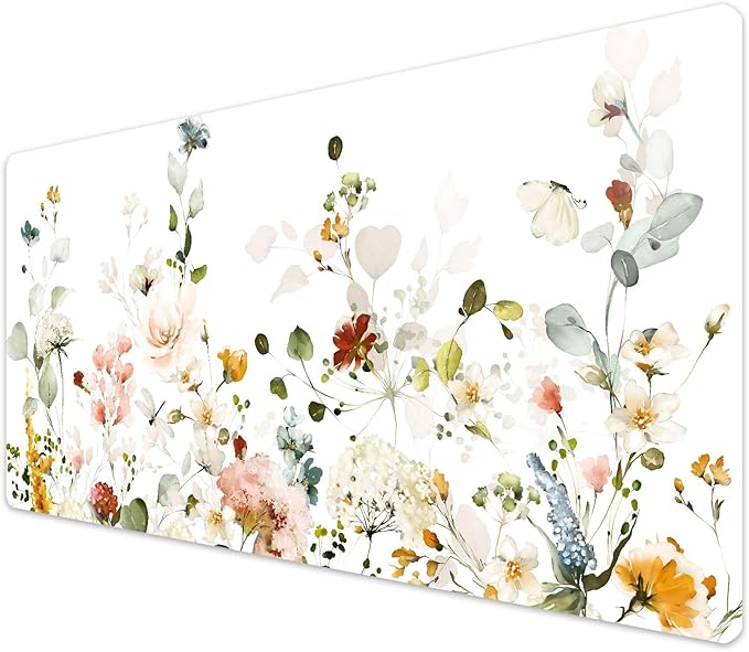 French KOKO Desk Mat, Large Desk Pad Large Mouse Pad Cute Desk Accessories Home Office Essentials XL Desk Mat Desk Pad Keyboard Mouse Desk Pads Computer Cute Women Girls (Floral White, 36" x 16.5")