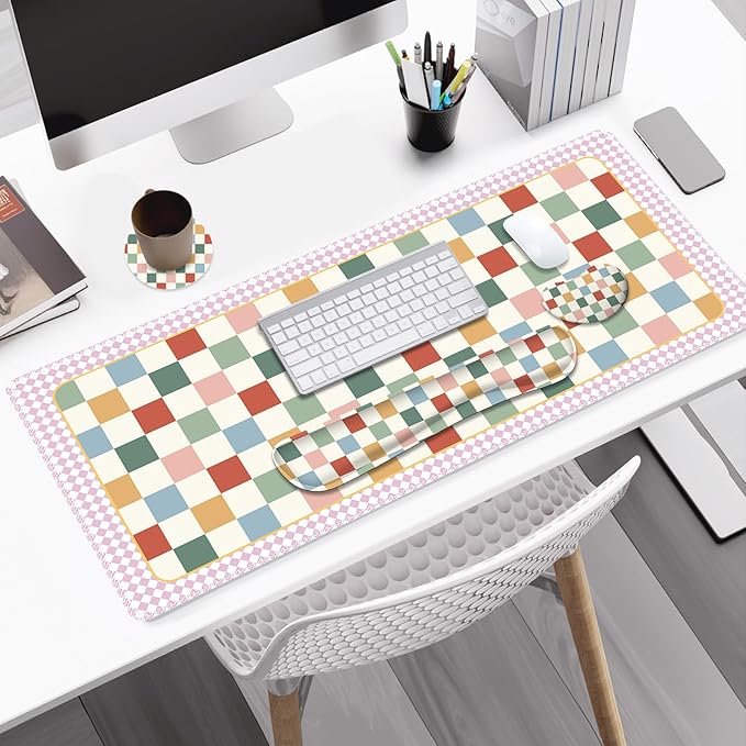 Vintage Macaron Checker Mouse Pad Set, 4 in1 Ergonomics Keyboard Desk Mat with Memory Foam Wrist Rest, Extended Game Mousepad, Large Gaming Non-Slip Desk Pad Matt Easy Typing Pain Relief