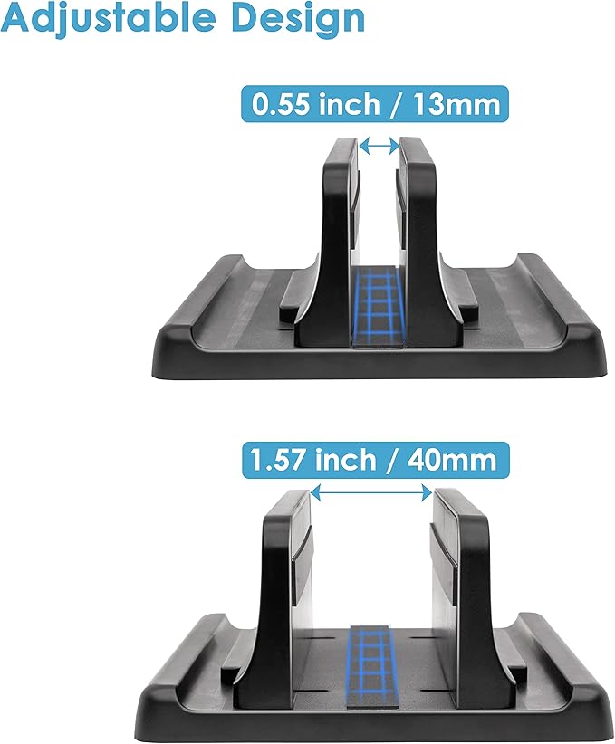 Vertical Laptop Stand [New Version: Two More Rubber Pads & Hex Key Storable Design] ABS Plastic Adjustable Dock up to 15 inch PC Desk Space Saver for MacBook/Surface/iPad/Mini PC (Black)
