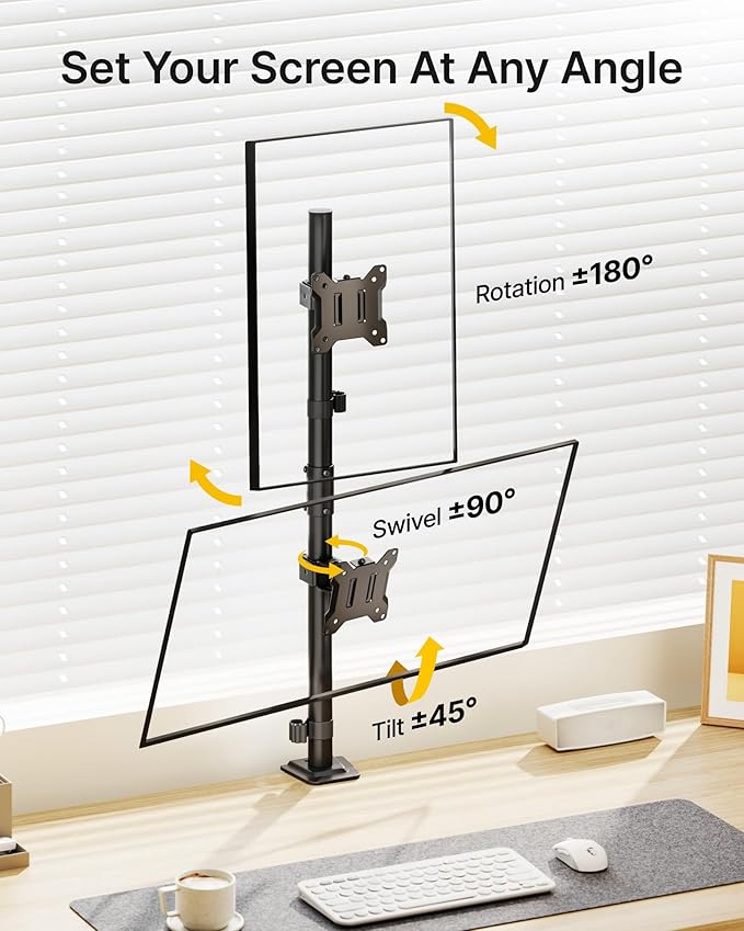 monTEK Stable Vertical Dual Monitor Mount, Stacked Desk Stand for Two 17-32 inch Screens, Full Motion Arm with Tilt, Swivel, Rotation, Supports 22 lbs per Side, C-Clamp/Grommet Base, VESA 100×100mm