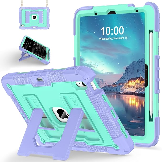for iPad Air 11 Inch M4 (2026) /M3 (2025) /M3 (2025) /M2 (2024) iPad Air 5th/4th Generation Case 10.9 Inch,Military Grade Shockproof iPad Case Air 11 Inch with Pencil Holder, Purple Green