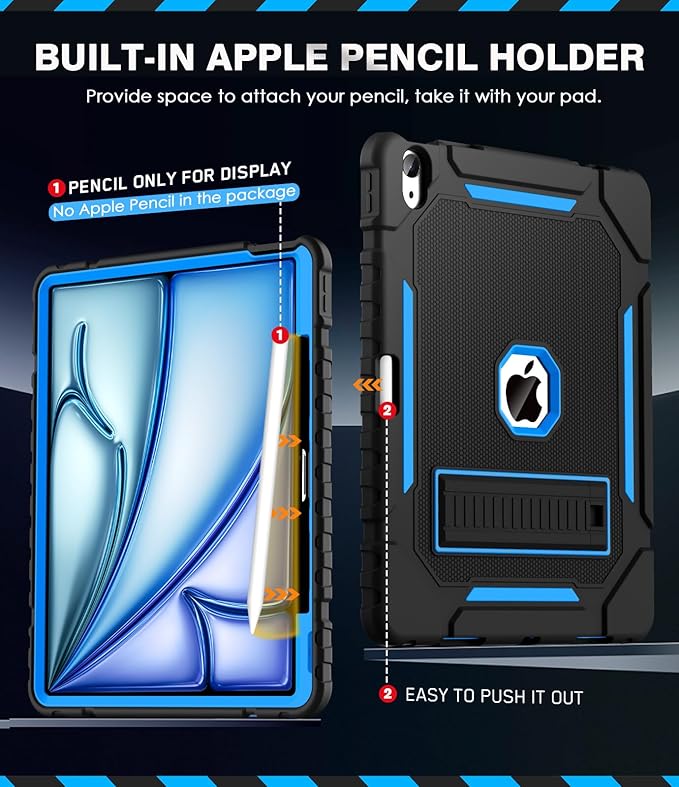 Grifobes Case for iPad Air 13-inch (M4/M3/M2) 2026/2025/2024, Heavy Duty Shockproof Rugged Protective Cover with Pencil Holder/Built-in Stand for i Pad Air 13" (Black+Blue)