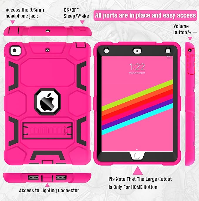 CCMAO iPad 6th Generation Cases, iPad 5th Generation Case, iPad 9.7 Case, iPad Air 2 Case, Hybrid Shockproof Rugged Drop Protection Case Built with Kickstand, Pink+Black