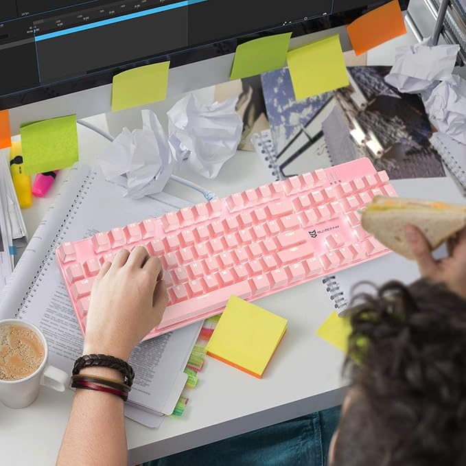 Merdia Full Size Wired Mechanical Gaming Pink Keyboard | Red Switch 104 Keys US Layout Full Size Pink PC Gaming Keyboards | Hot Swappable LED Backlit Light Up Wired Mechanical Computer Keyboards