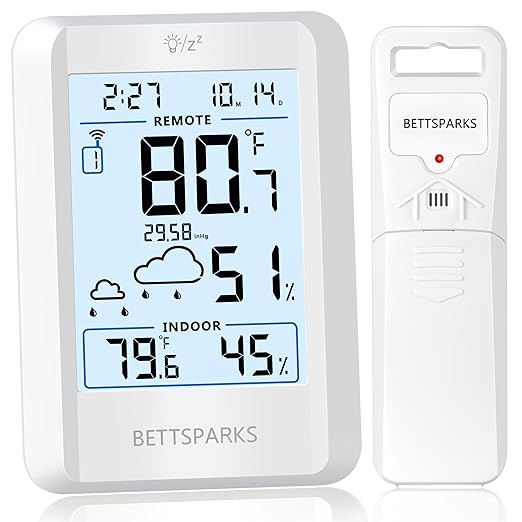 Indoor Outdoor Thermometer Wireless Weather Station with 330FT Range Remove Sensor Inside Outside Digital Hygrometer Thermometer Battery Powered Temperature Gauge Humidity Monitor with Clock&Backlight