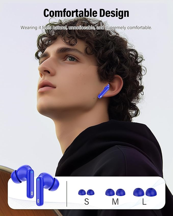 Btootos Wireless Earbuds, Bluetooth 5.4 Headphones Bass Stereo, Ear Buds with Noise Cancelling Mic, IP7 Waterproof in Ear Earphones, 36H LED Display Bluetooth Earbuds for Laptop Pad Phones, Navy Blue